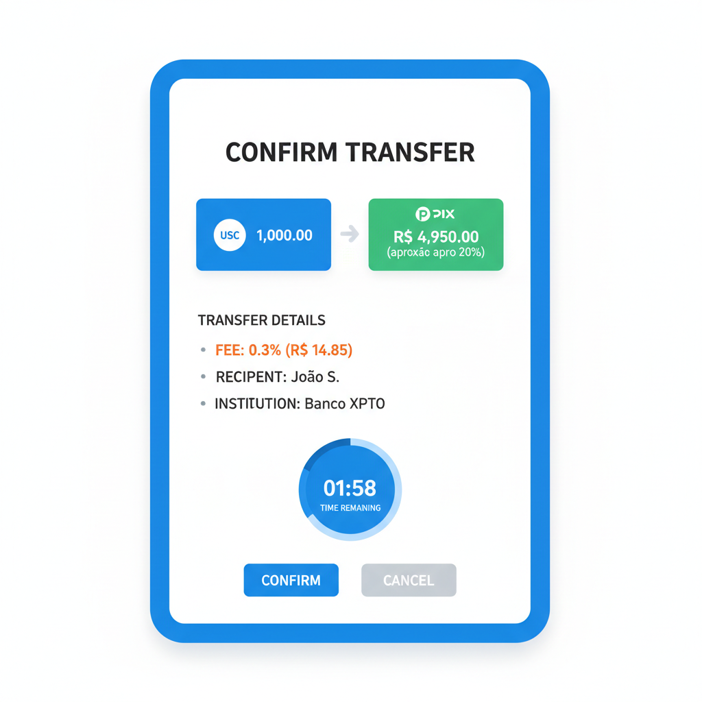 confirmation screen for USDC to PIX transfer, 0.3% fee highlighted, timer under 2 minutes