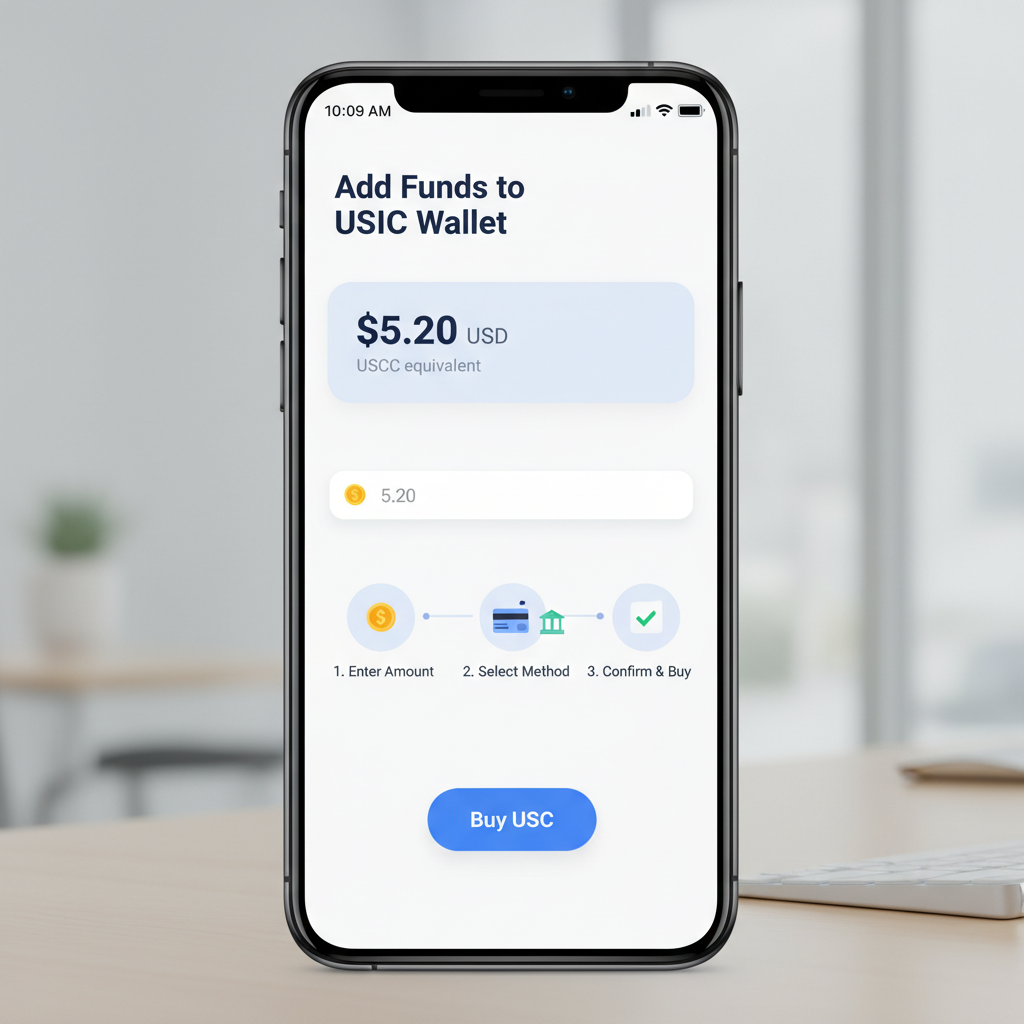 realistic mobile screenshot of USDC wallet funding screen with $5.20 price display, clean app interface