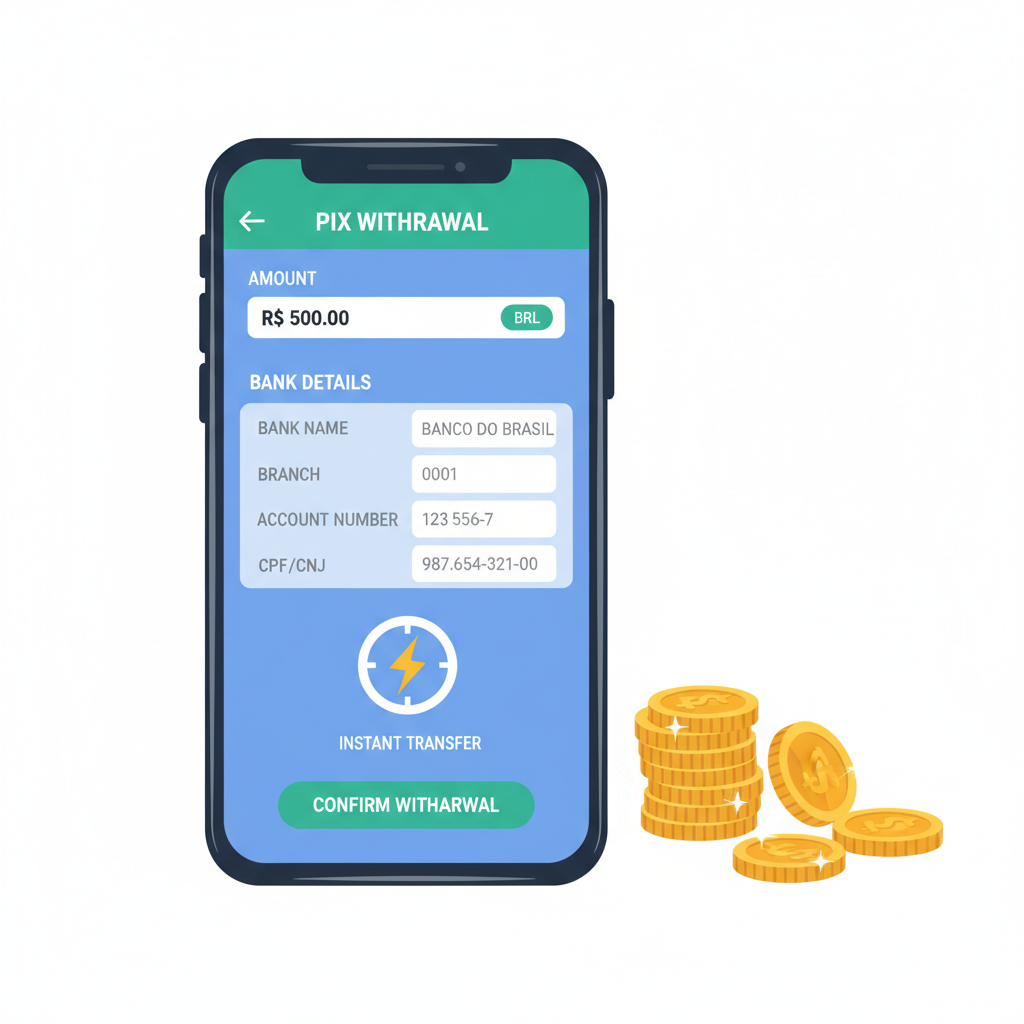 PIX withdrawal screen on crypto app, entering bank details, instant transfer icon, Brazilian real coins
