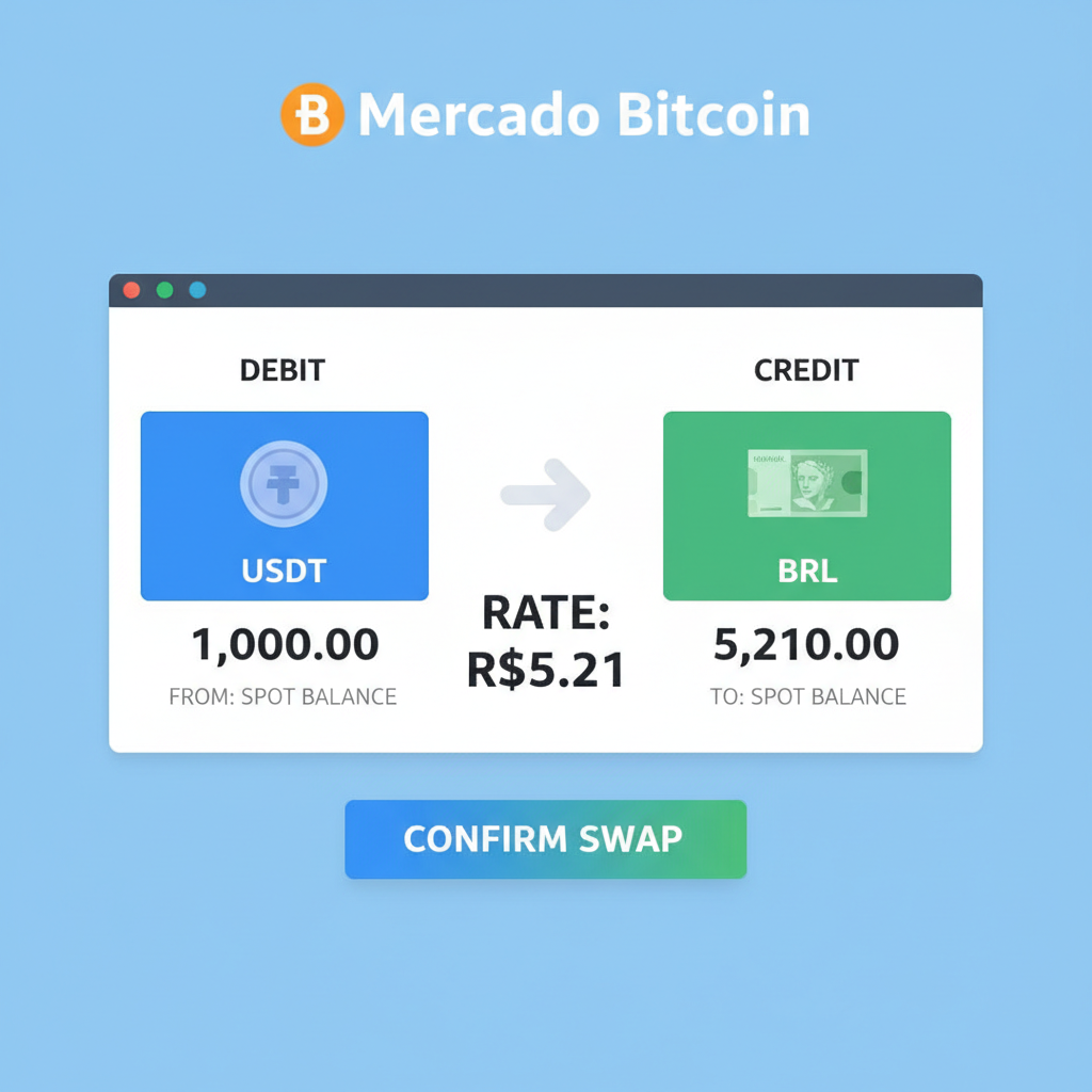Mercado Bitcoin trading screen swapping USDT to BRL at R$5.21 rate