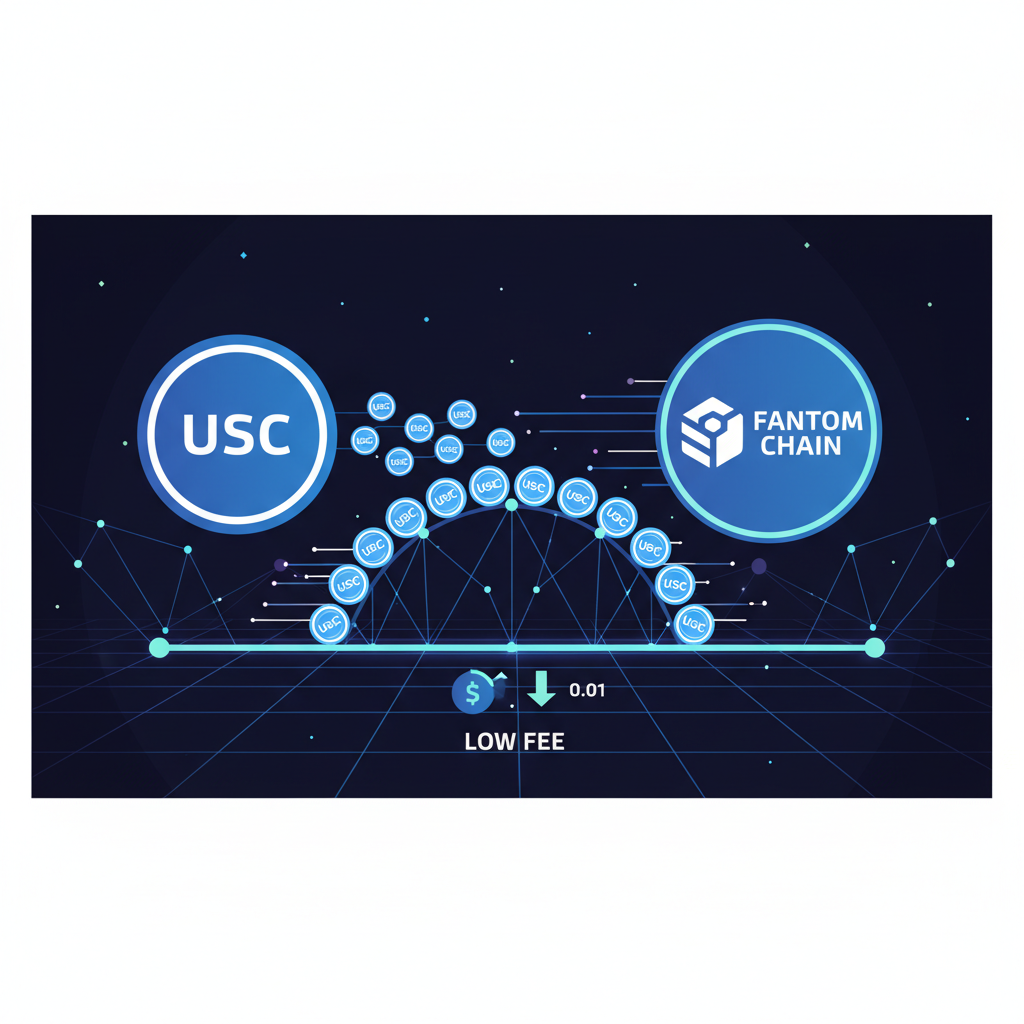 digital bridge glowing with USDC tokens crossing to Fantom chain, speed lines, low fee icons, sci-fi network diagram