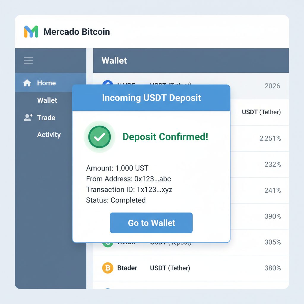 Mercado Bitcoin dashboard showing incoming USDT deposit confirmation