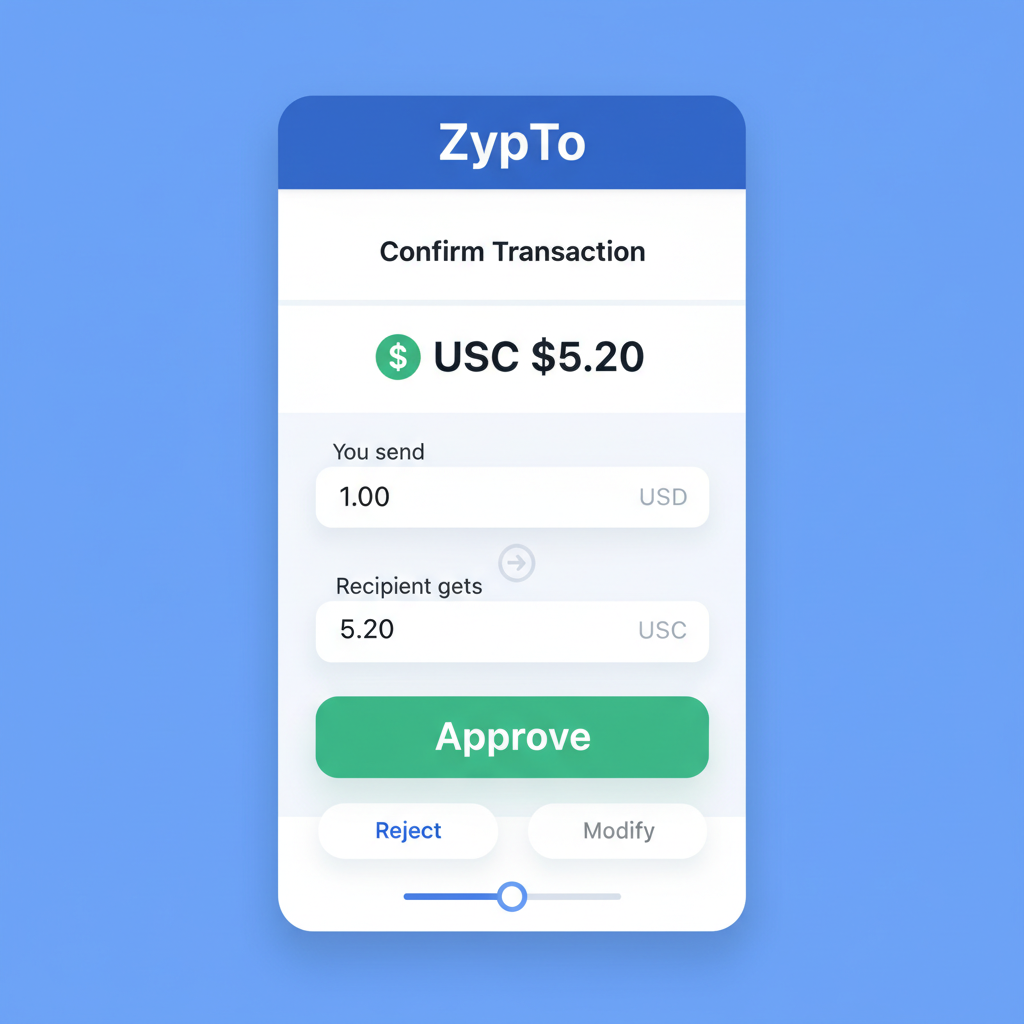 Zypto app confirmation screen showing USDC $5.20 rate, amount fields, approve button