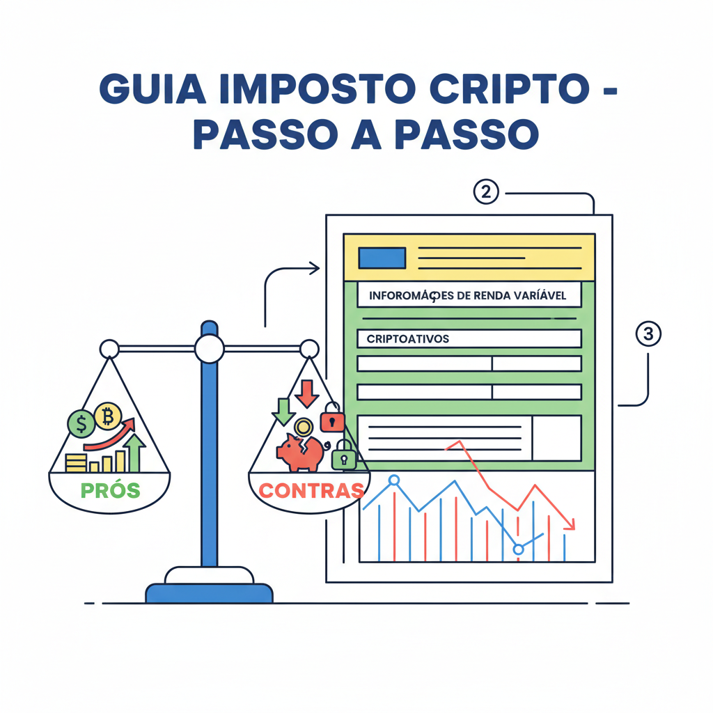 Brazilian tax form with crypto charts, pros cons balance scale