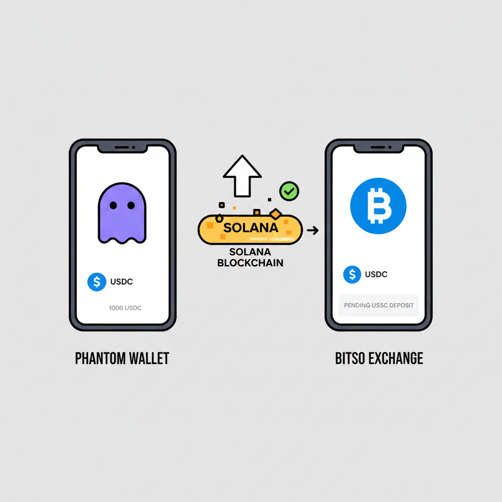 illustration of sending USDC transaction from Phantom wallet to Bitso on Solana
