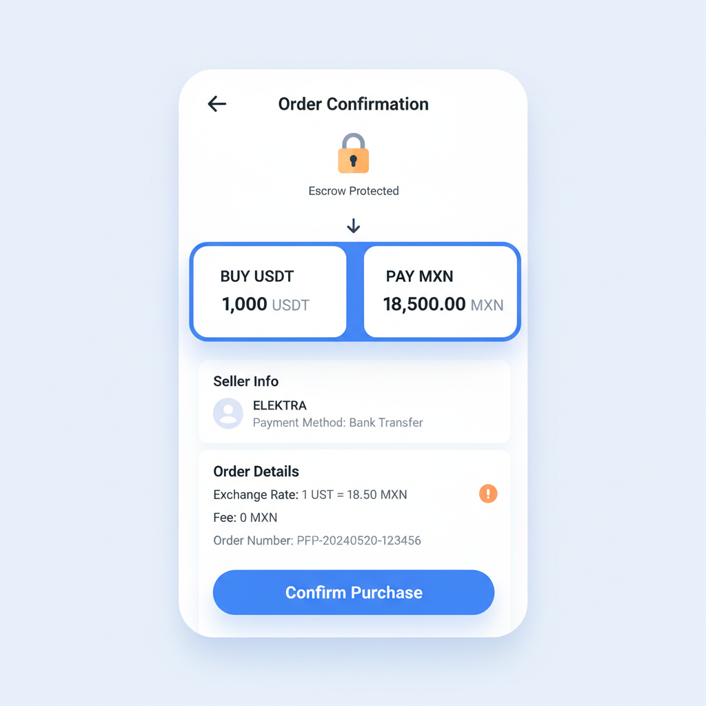 okx p2p order confirmation escrow usdt mxn elektra realistic app interface
