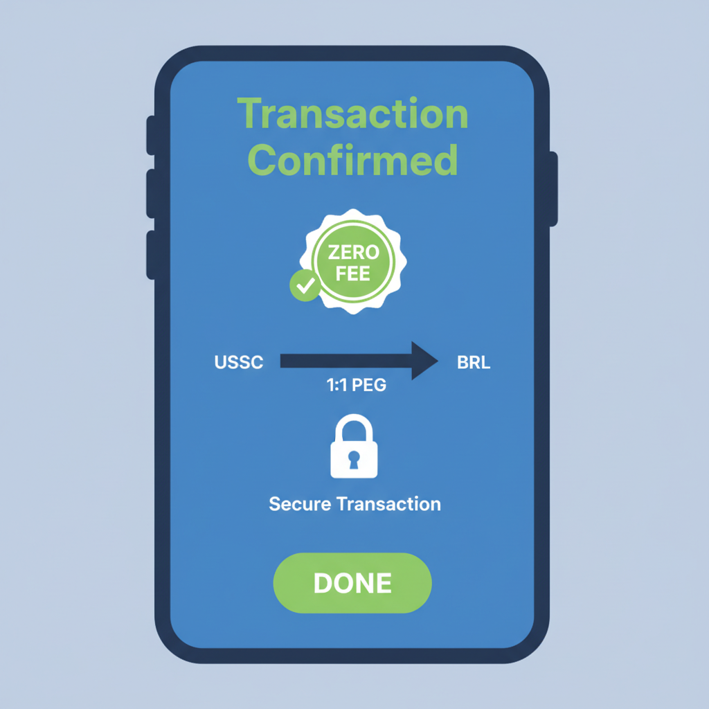 transaction confirmation screen, zero fee badge, USDC to BRL arrow at 1:1 peg, secure lock icon
