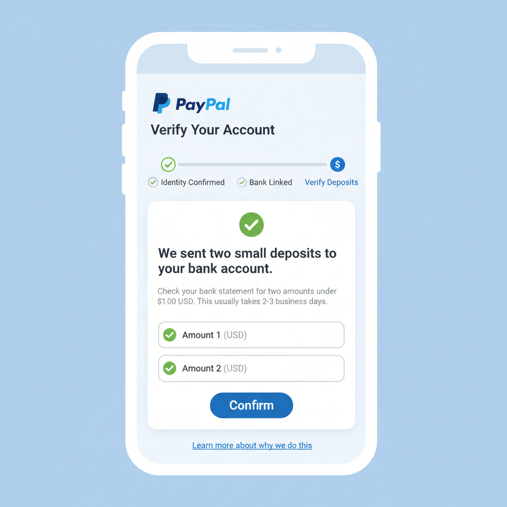 modern PayPal mobile app verification screen with checkmarks and USD deposits