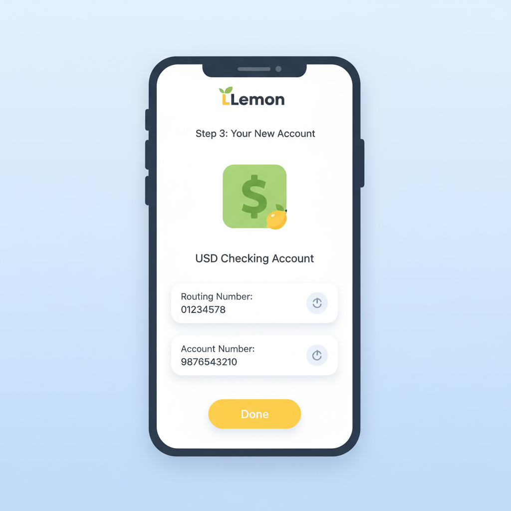 Lemon app interface displaying new USD account details with routing and account numbers, professional UI