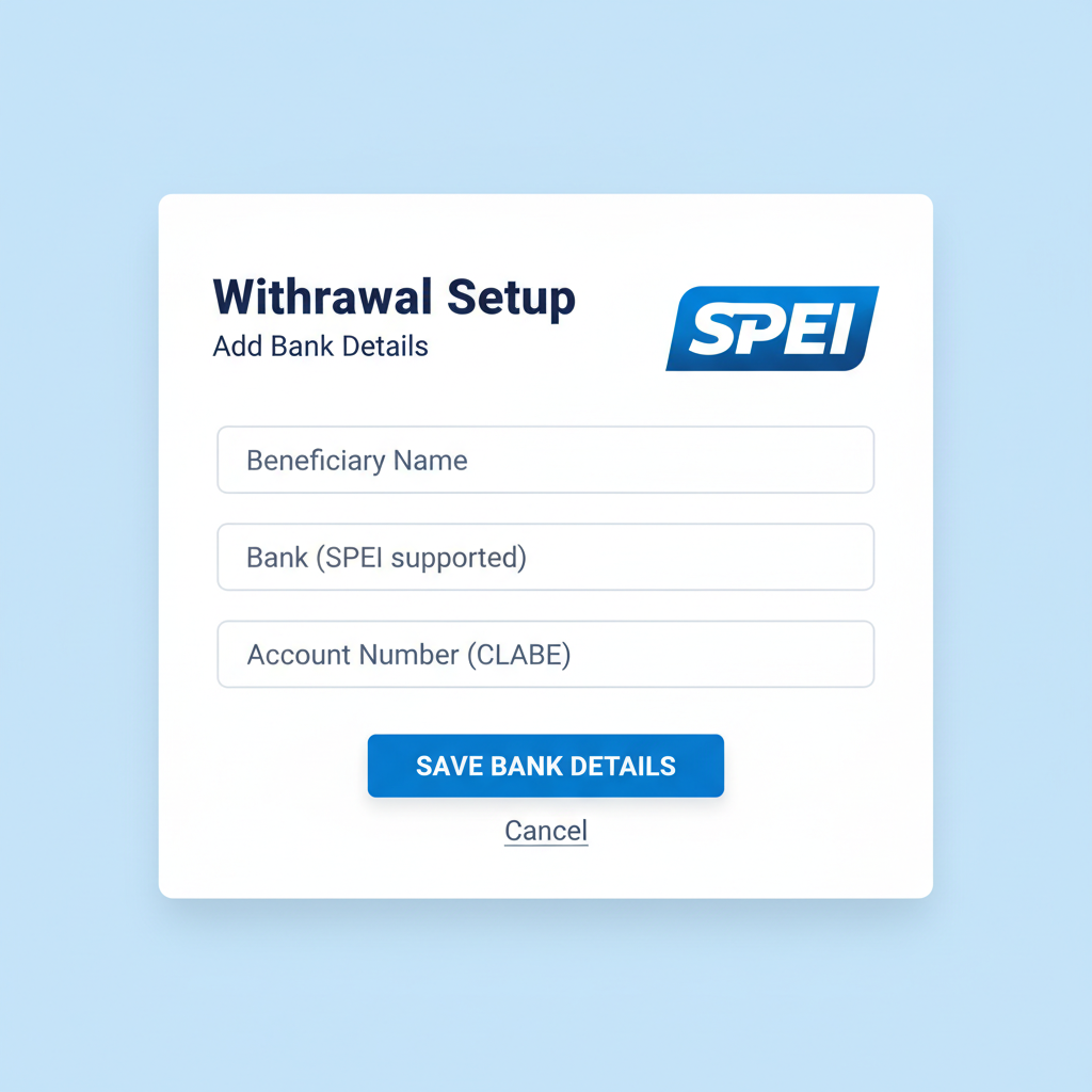 Bitso withdrawal setup with bank details form, SPEI logo prominent