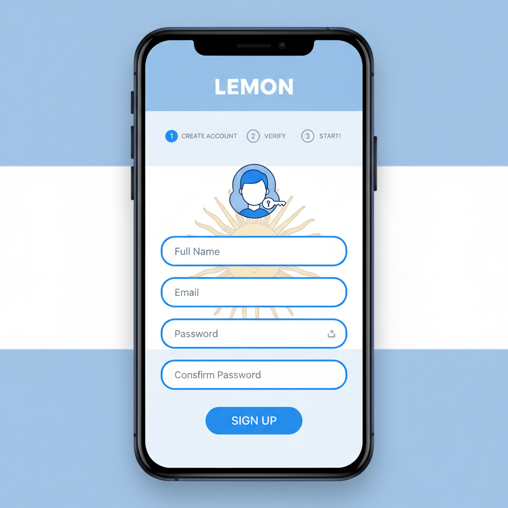 modern smartphone screen showing Lemon app signup interface, clean blue tones, Argentina flag subtle background