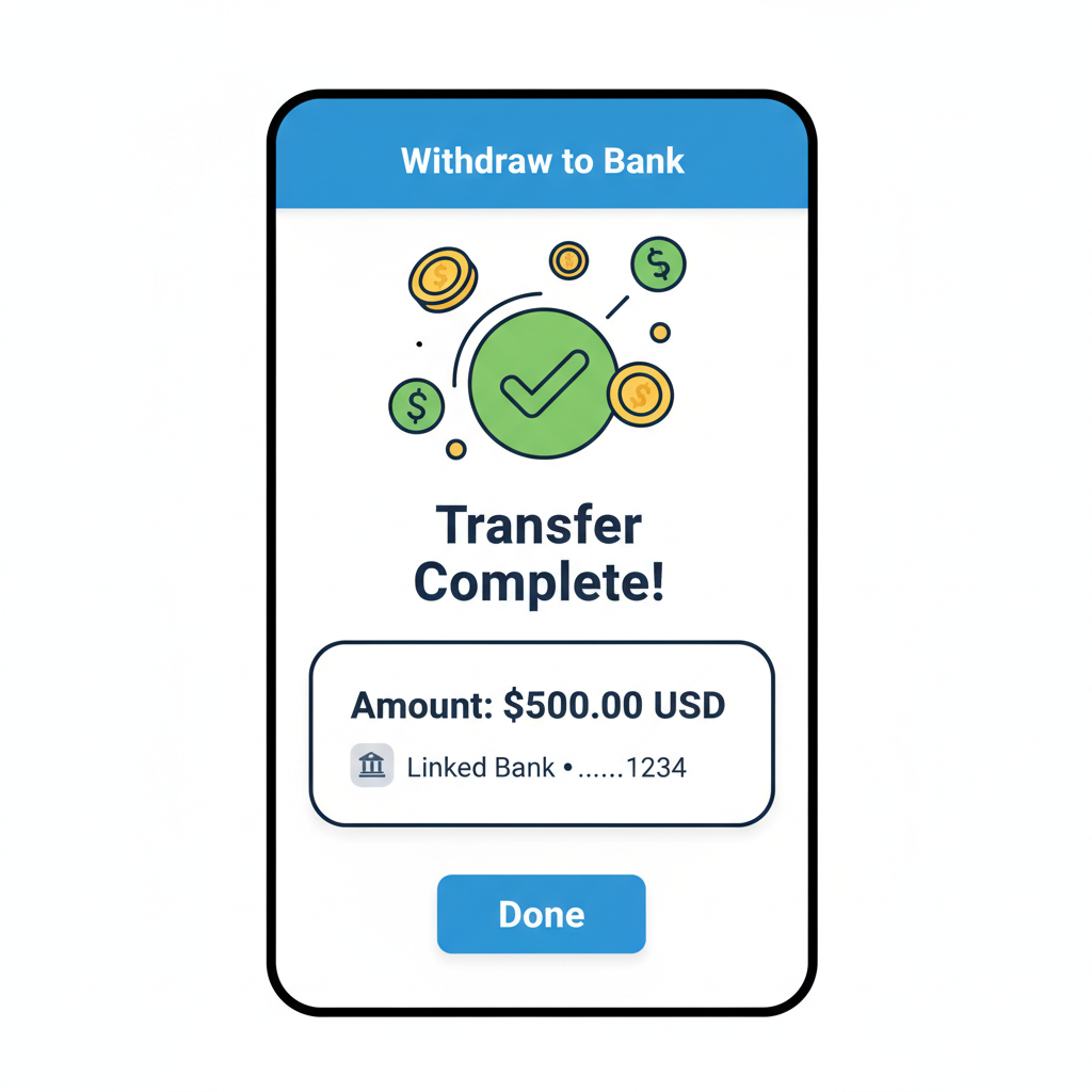 PayPal withdrawal screen to linked bank with USD amount entered, success animation