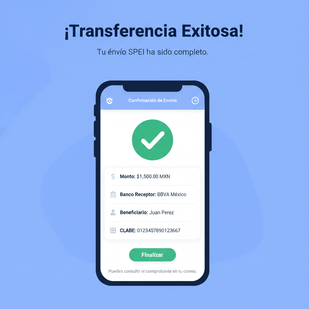 illustration of instant SPEI bank transfer confirmation from Bitso to Mexican bank