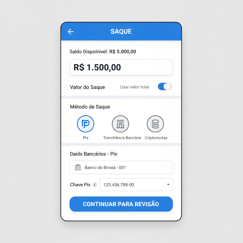 Mercado Bitcoin withdrawal screen selecting Pix to bank with BRL amount